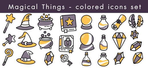 Halloween icons in colorful cartoon style of Magical wand witch hat cauldron spell book crystal ball potion bottle scroll feather key and gem