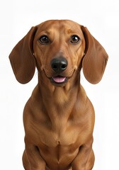 Chocolate dachshund dog looking forward on white background