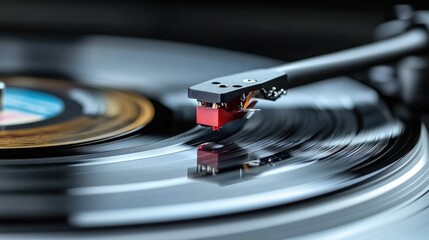 Close-up of a turntable needle on spinning vinyl record