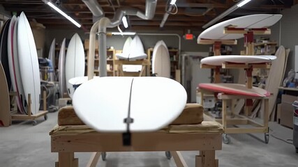 Surfboard Variety Showcasing in Spacious Workshop with Natural Wood Stands in a Brightly Lit Setting. The Production Process Emphasized Through an Array of Surfboard on Display Which Highlights - Powered by Adobe