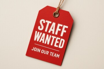 Red tag label with "Staff Wanted, Join Our Team" text, designed to attract job applicants and emphasize recruitment opportunities.