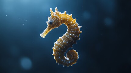 A Yellow Seahorse Swims in Dark Blue Water