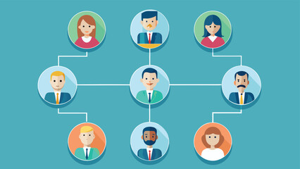 Organizational chart showing a team hierarchy with diverse flat design people icons business structure