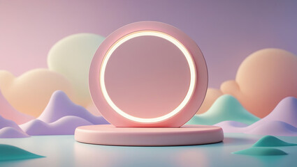 3D soft pink podium on a dreamy pastel sky with ethereal colors