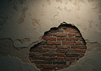 A close up shot of a damaged wall revealing a brick wall underneath with visible cracks and texture