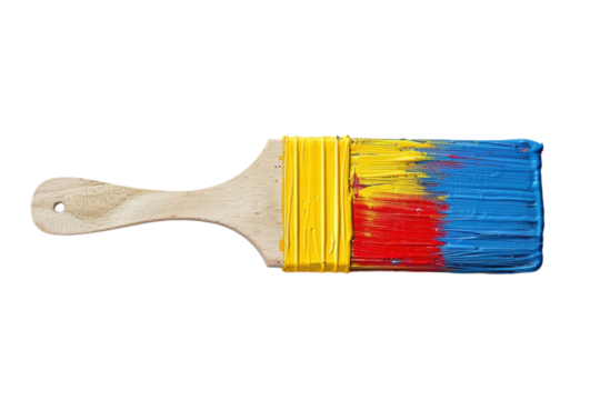 Creative painting tool with blended blue and yellow paint making a vibrant pattern