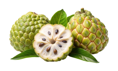 Delicious looking sugar apples with cross section and green leaves