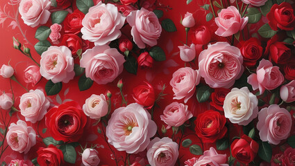 A lush red floral wall with elegant roses and soft, romantic textures