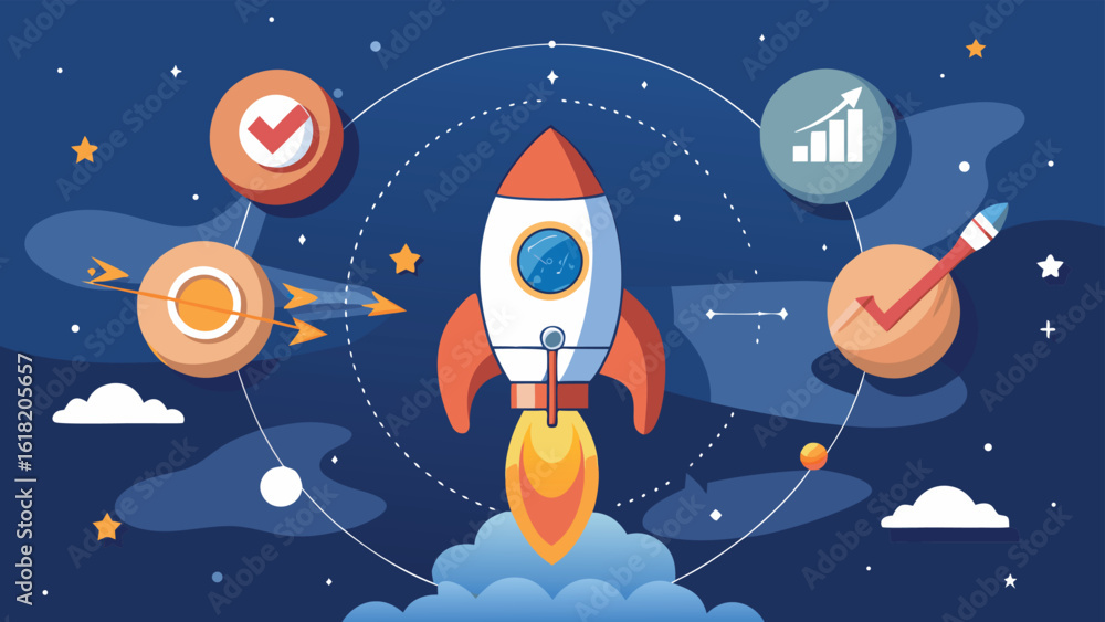 Poster rocket launch surrounded by circular diagram with checkmarks and progress indicators symbolizing suc