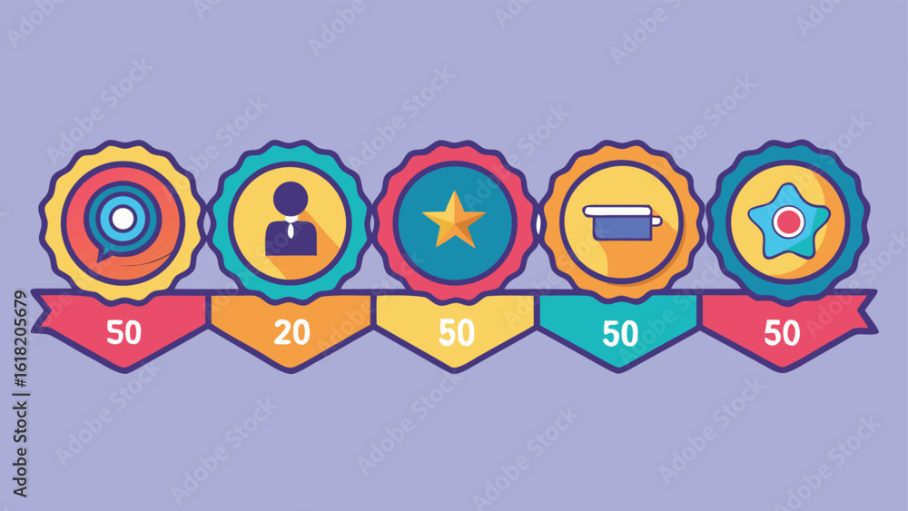 Poster row of circular badges with icons and numerical values on a purple background awards achievements