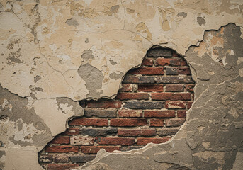 A close up of a damaged wall revealing brickwork with peeling paint and cracked plaster surface