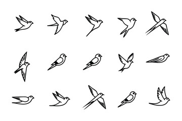Elegant Sparrow Illustrations: A series of delicate line art illustrations of a graceful sparrow, captured mid-flight and in various poses.