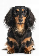 Black and beige dachshund dog furry and looking forward on white background