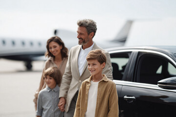 Happy family arriving by private jet, showcasing success, lifestyle. Perfect for travel, finance, or luxury themes. Represents aspirations, dreams and family values.