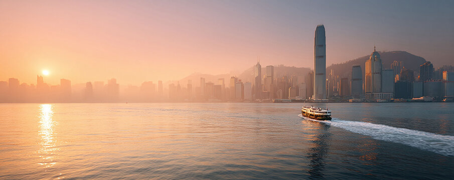 Golden hour cityscape, featuring a ferry navigating calm waters towards a skyline silhouette at sunrise or sunset. Evokes travel, business, and urban adventure.