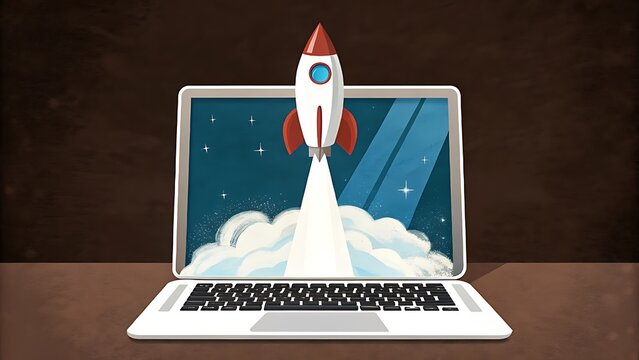 Rocket launching from a laptop screen representing business startup and technology