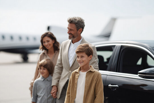 Happy family arriving by private jet, showcasing success, lifestyle. Perfect for travel, finance, or luxury themes. Represents aspirations, dreams and family values. - Powered by Adobe