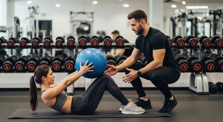 Personal trainer guides woman through core strengthening exercise with a large blue stability ball in a modern gym