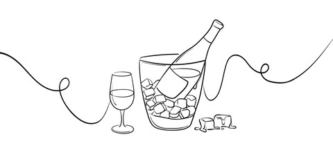 Champagne bottle in ice bucket, continious line drawing. Alcoholic drink outline. Vector illustration	