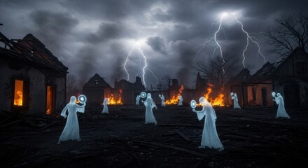 Ethereal guardians casting light amidst apocalyptic ruins under electrifying stormscapes
