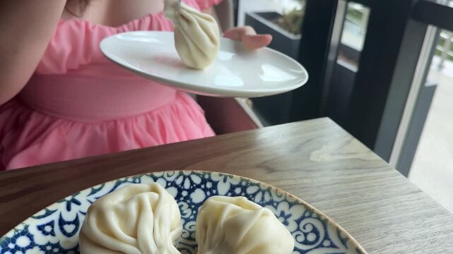 Dumplings blue plate Dumplings gyoza mandu on a blue plate with wooden chopsticks.