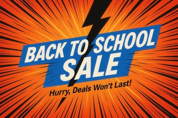 Dynamic "Back to School Sale" banner with a bold lightning bolt design and vibrant orange background promoting urgency in deals.
