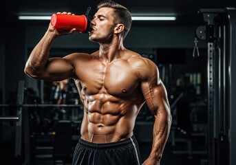 Muscular man with ripped abs drinks from red shaker bottle after intense gym workout session