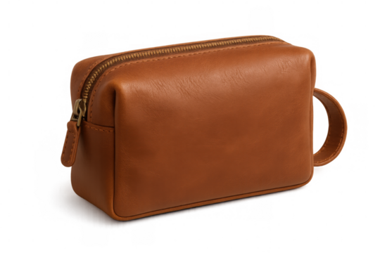 Closed light brown leather travel or toiletries bag with handle and zipper isolated on transparent background