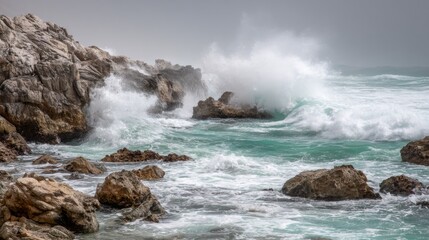 A close-up of ocean waves crashing against a rocky shore, propelled by strong winds, with spray flying into the air as the wind forces the water to move