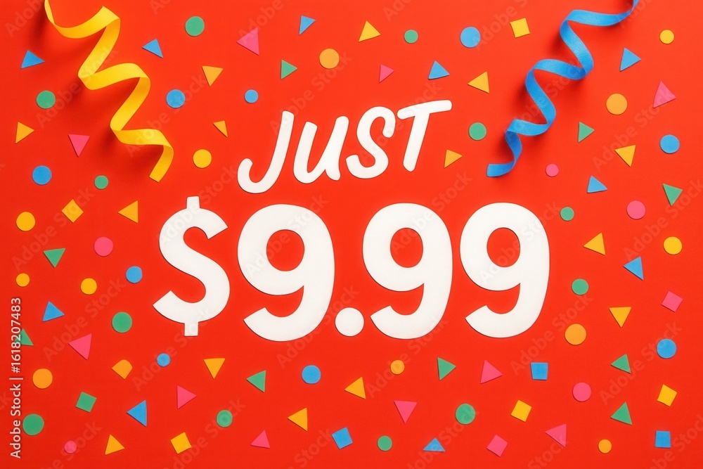 Poster bold white text displaying ?just $9.99? on a vibrant red background with colorful confetti shapes an