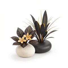 Two decorative artificial plants in pots isolated on white background