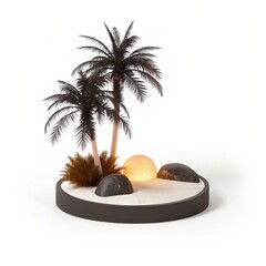 Miniature tropical island scene with palm trees isolated on white background