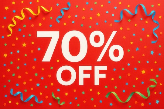 Colorful promotional graphic with the text "70% OFF" on a vibrant red background adorned with confetti and ribbons, ideal for festive sales events and discounts.