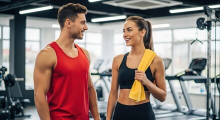 Fit couple in gym discussing workout routine while smiling and holding a towel