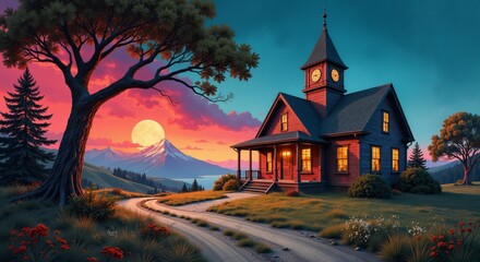 Whimsical digital artwork of cozy wooden house at sunset, near a mountain. Warm light glowing in windows, scenic path leads home.
