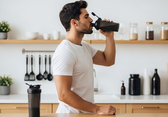 Fit man drinks protein shake from shaker bottle in modern kitchen after workout