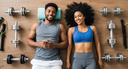 Fit couple relaxing after workout surrounded by dumbbells on wooden floor