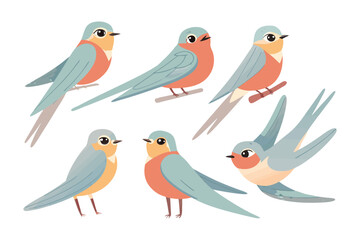 Swallow Bird Collection: A charming collection of swallow illustrations, showcasing their elegant forms and vibrant plumage in various poses, perfect for nature-themed designs.