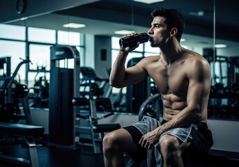 Muscular man taking a break and drinking from a water bottle in a modern gym setting