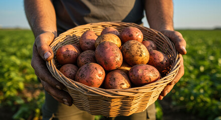 A farmer holding a wicker basket full of freshly harvested potatoes in a field of green crops