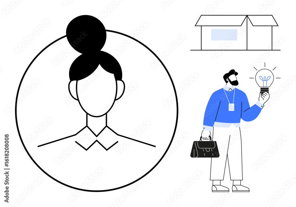 Poster man in formal attire with light bulb symbolizing innovation next to simple avatar and line-drawn sho
