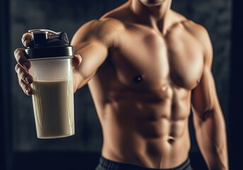 Muscular man holding protein shake after intense workout session for muscle recovery and growth