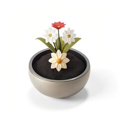 Small round pot with white and red flowers isolated on white background