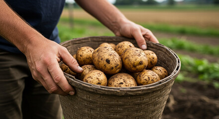 A person holding a basket full of freshly harvested potatoes in a field on a sunny day outdoors