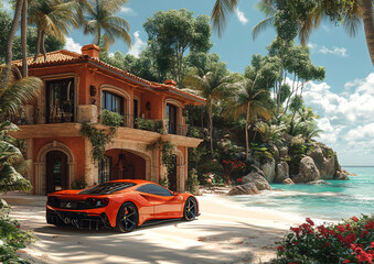 Style and Landscape: Blue Vehicle at Designer Home