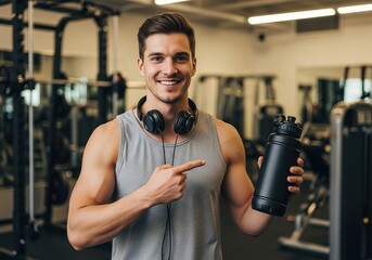 Smiling man with headphones and water bottle in gym pointing to hydration