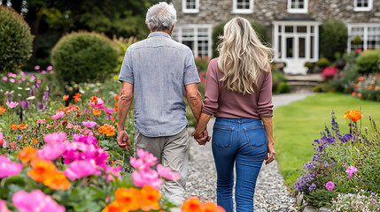 Senior couple holding hands, strolling through a vibrant garden path towards their beautiful home.  A heartwarming image symbolizing love, retirement, and peaceful living.