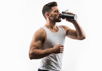 Muscular man in white tank top drinks from shaker bottle against a clean white background