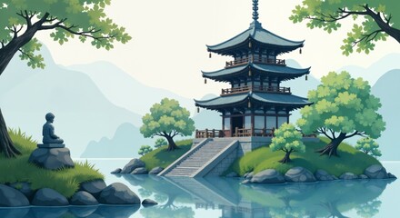 Digital artwork of traditional Japanese pagoda by a calm lake, surrounded by trees and mountains. Peaceful and harmonious scenery.