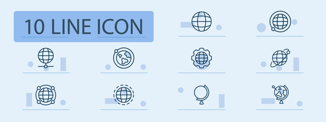 Globe and planet set icon. Earth grid, network, spinning globe, orbit, gear, dotted boundary, flat map used in global, location, planetary, internet, international topics